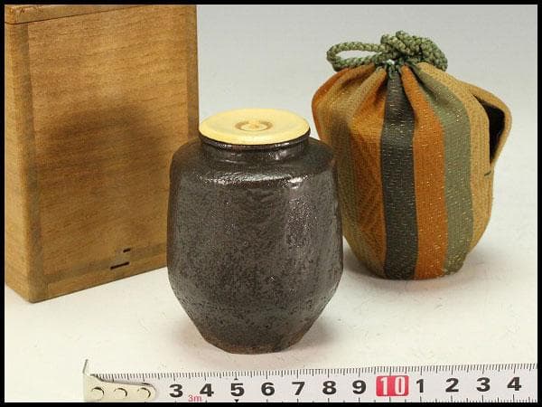 茶道具 唐物 黒釉 茶入 時代裂 仕服 良蓋(K-A208)