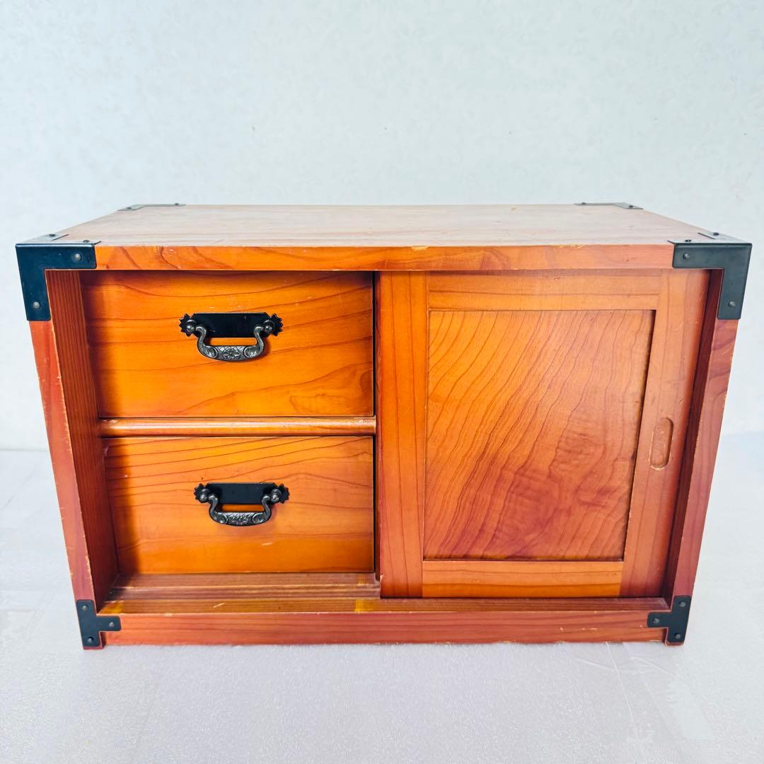 美品 天然木 小箪笥 3段 卓上収納 内装・縁起の良い赤 時代家具 アンティーク