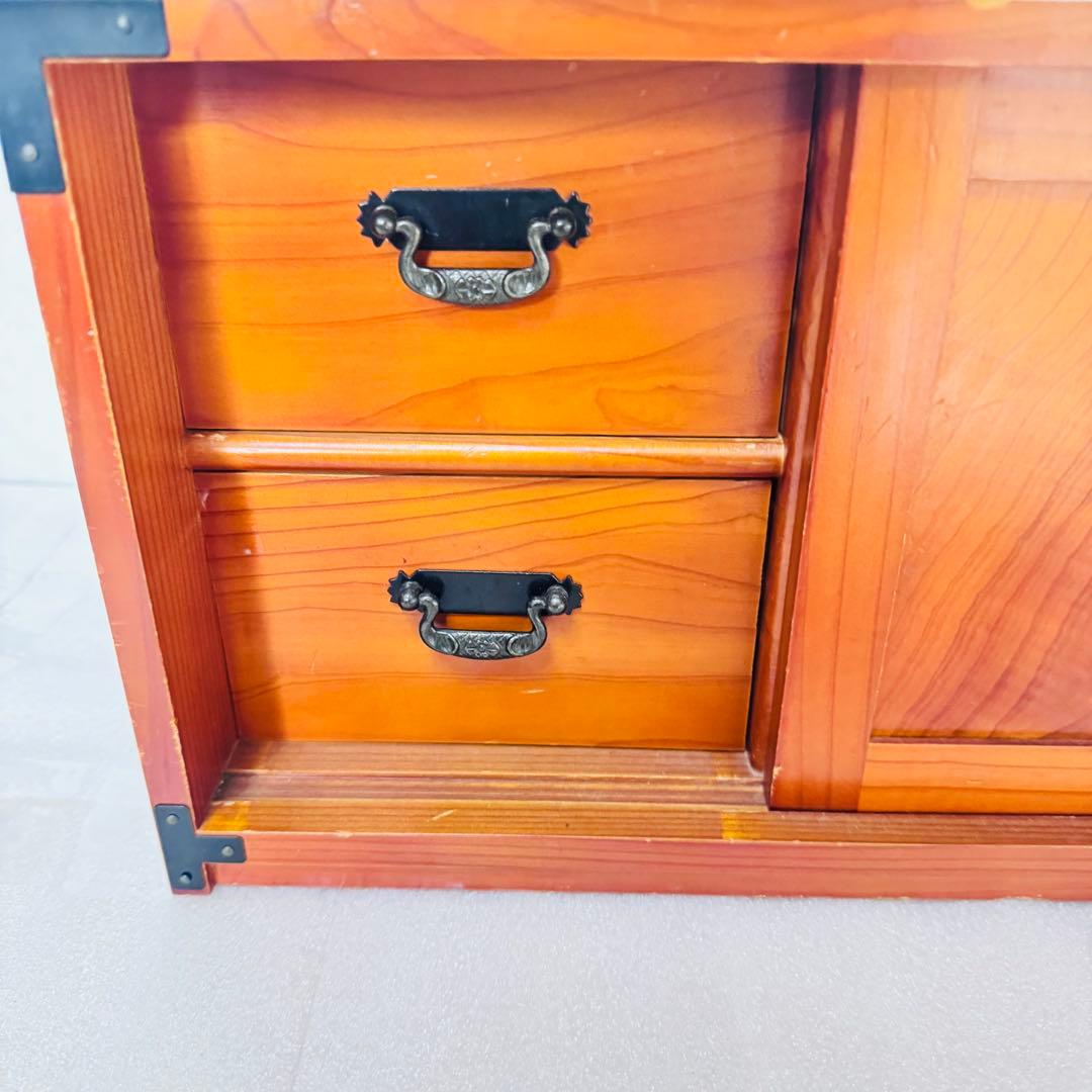 美品 天然木 小箪笥 3段 卓上収納 内装・縁起の良い赤 時代家具 アンティーク