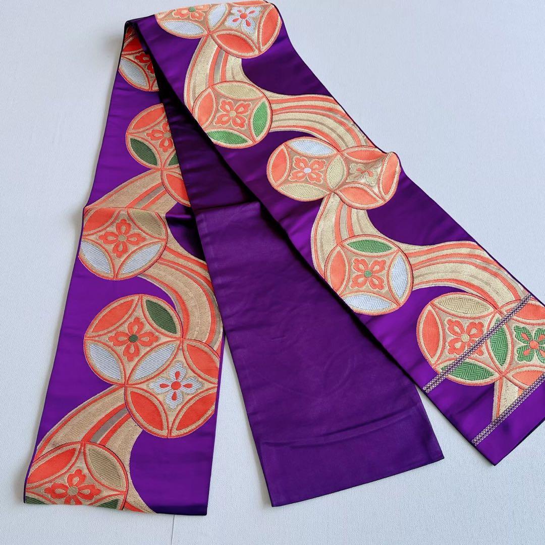 美品フルセット　七五三　7歳女の子　豪華刺繡　金糸　金プリント　紫袋帯7073