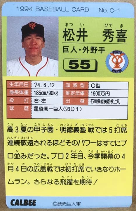 カルビー1994 プロ野球チップス 北海道・山陽・九州地域限定 C-1 松井