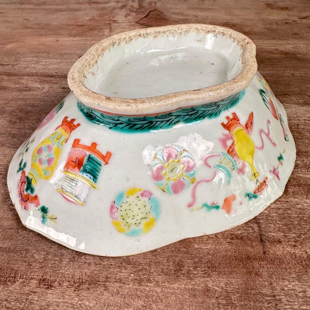 希少 粉彩 五彩花丸文 高台皿 変形鉢 清朝期 中国古玩 中国美術 骨董品