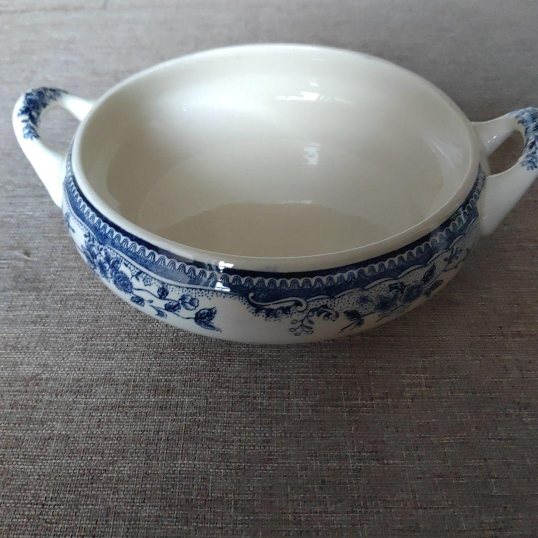 アンティーク雑貨、蓋付き煮物椀 青と白の風景画、昭和レトロ