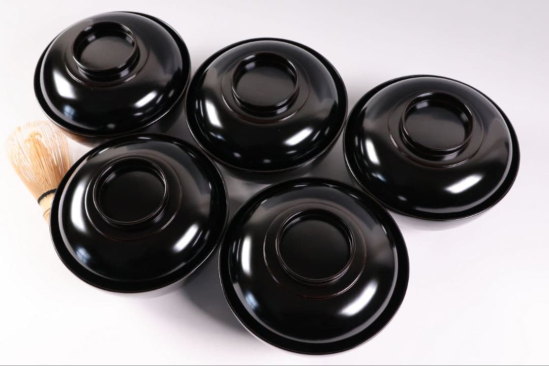 【MB197】輪島塗 天然木漆塗 黒塗椀 五客 蒔絵 大和絵 源氏絵 人物 昭和