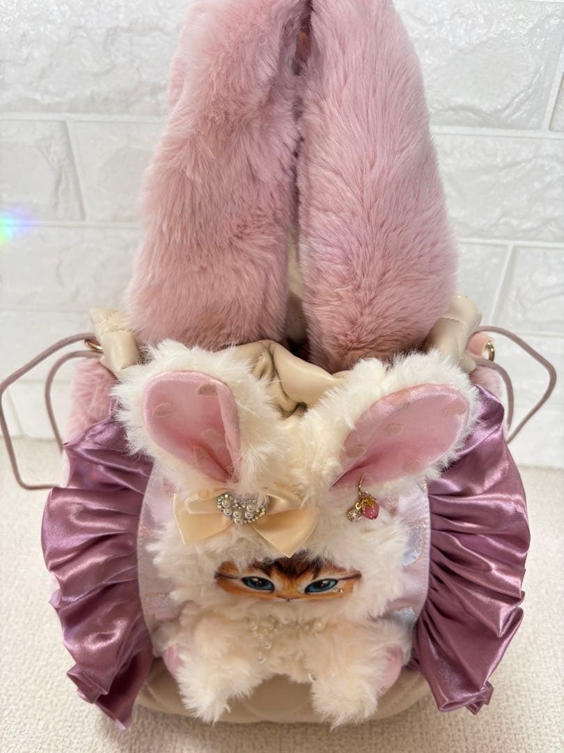 黒*こ様 コヤンイサムチョン　丸底巾着ファーバッグ　ピンク　白うさちゃん