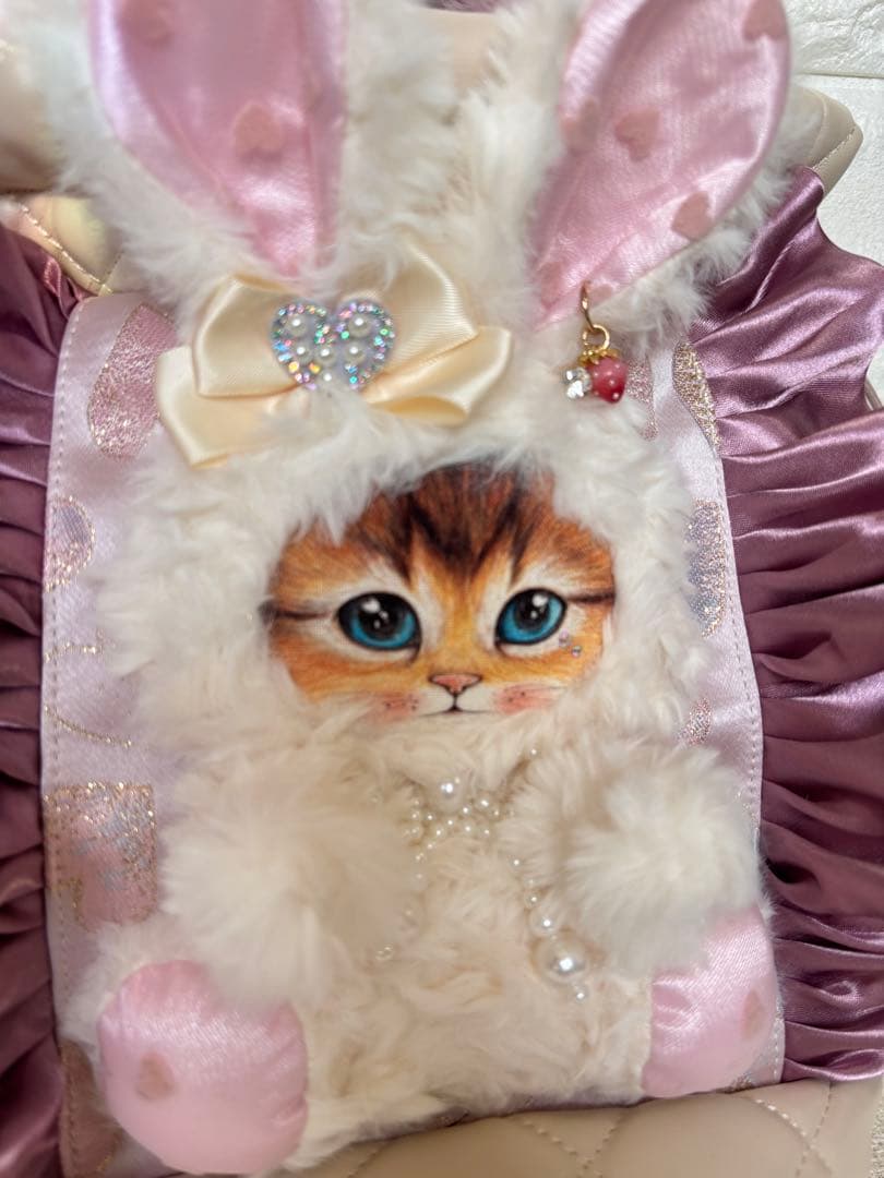 黒*こ様 コヤンイサムチョン　丸底巾着ファーバッグ　ピンク　白うさちゃん