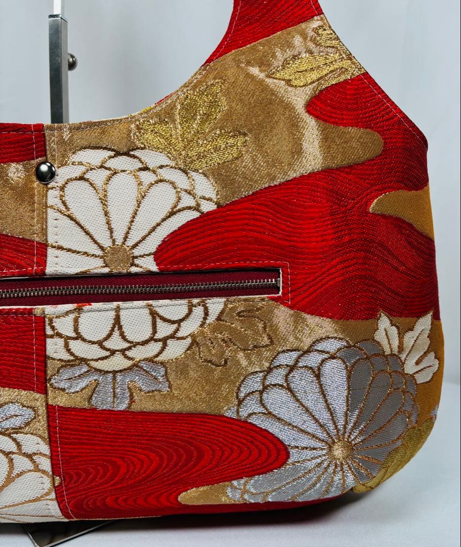 帯バッグリメイク　771番アシンメトリーBIGリバーシブル(肩あて飾り付き)