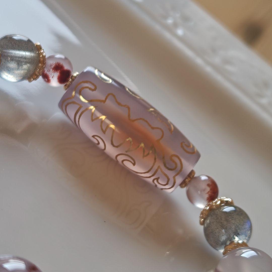 金線　如意蓮天珠とシナバーインカルセドニーのブレスレット
