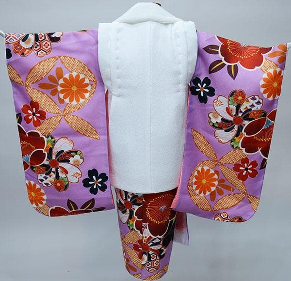 七五三 三歳 女児 被布着物フルセット 藤色×白色 お仕立て無料 NO34380