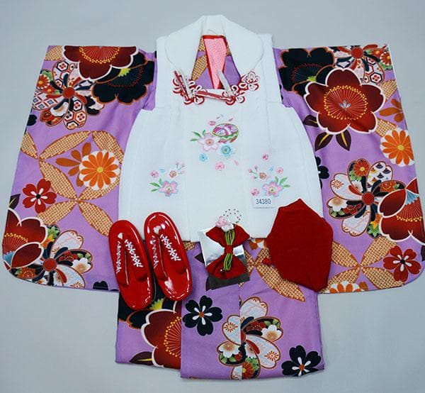 七五三 三歳 女児 被布着物フルセット 藤色×白色 お仕立て無料 NO34380