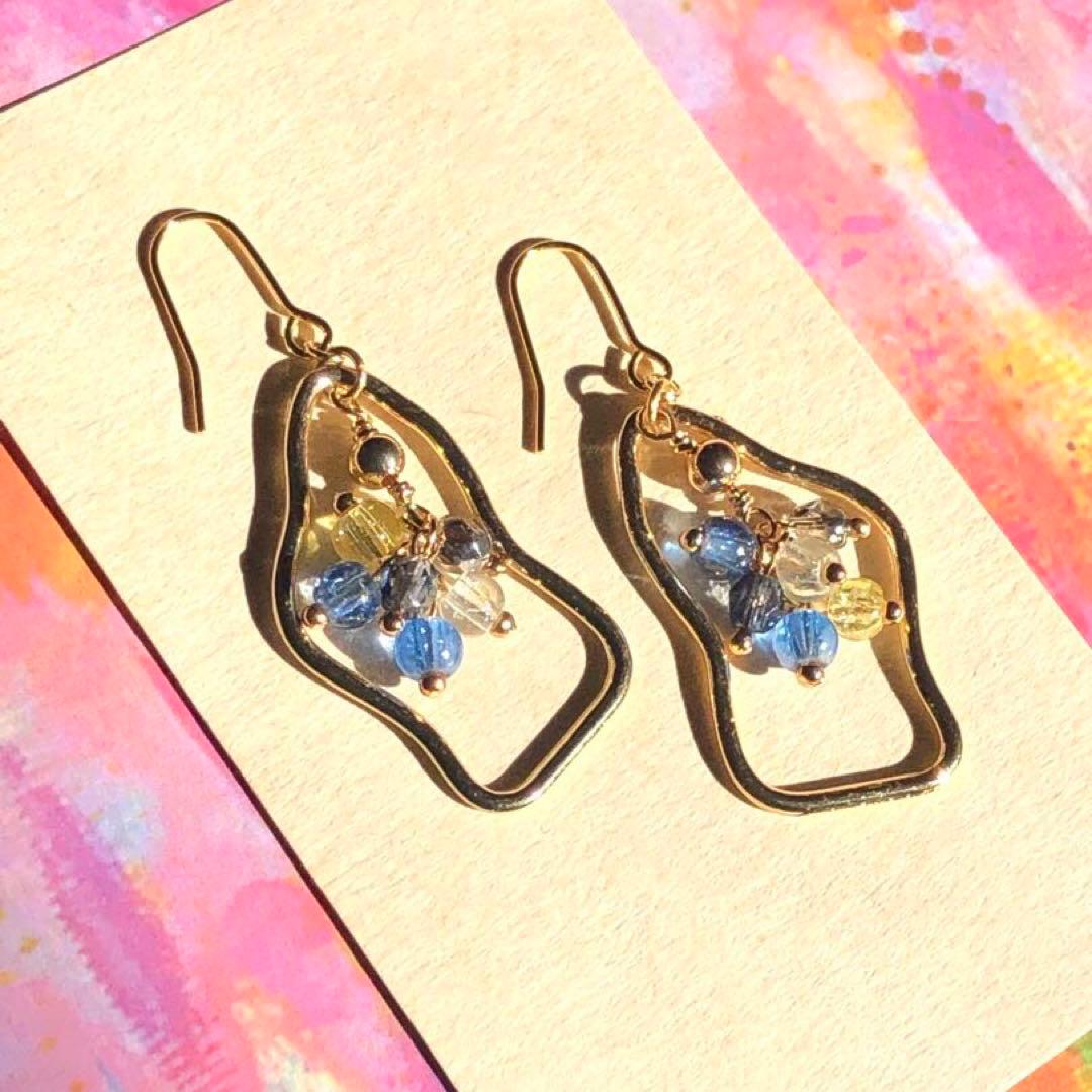 【645】ガラス ビーズ ブルー チェコビーズ フープ ピアス ハンドメイド