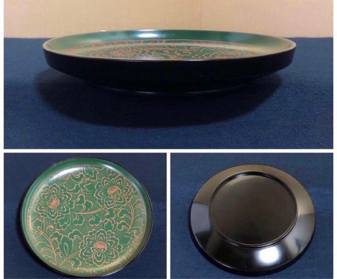 《レ》輪島塗 青漆牡丹彫 蝶 平皿 大小10客 木箱 251113え1