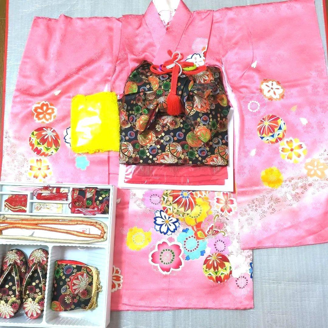 七五三フルセット　正絹　七歳　桜鞠文　1回着用　金駒刺繍　暈し染め　金彩　京友禅