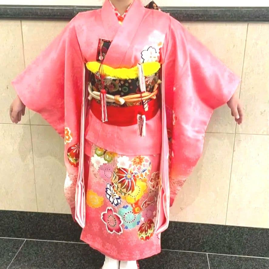 七五三フルセット　正絹　七歳　桜鞠文　1回着用　金駒刺繍　暈し染め　金彩　京友禅