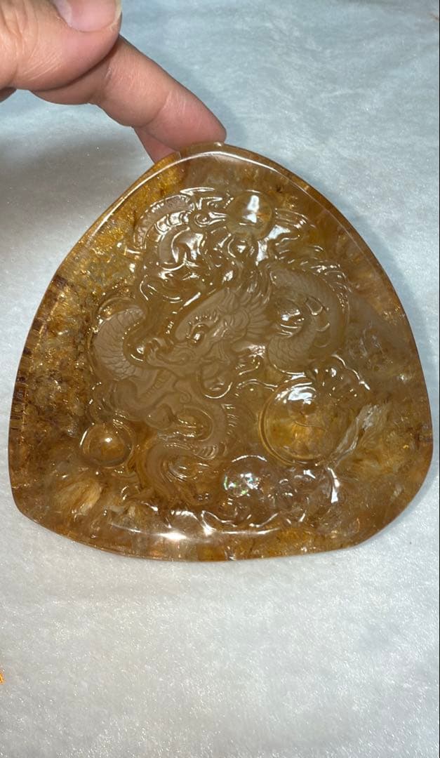 彫刻原石龍神様 宝珠 陰陽太極図 雲文 ゴールデンヒーラー リモナイト 虹 置物