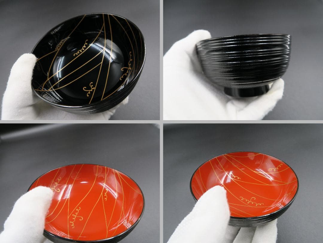 輪島塗】輪州造 日之出蕨波（わらびなみ）蒔絵 椀 五客揃 天然木 共箱