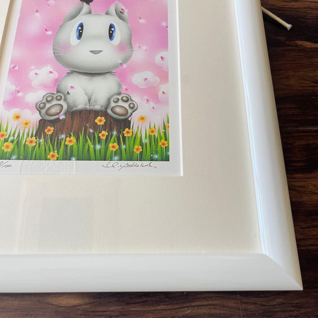 芳岡ひでき「春爛漫 LOVE」ジクレー 額装 18/100 猫 てんとう虫 G