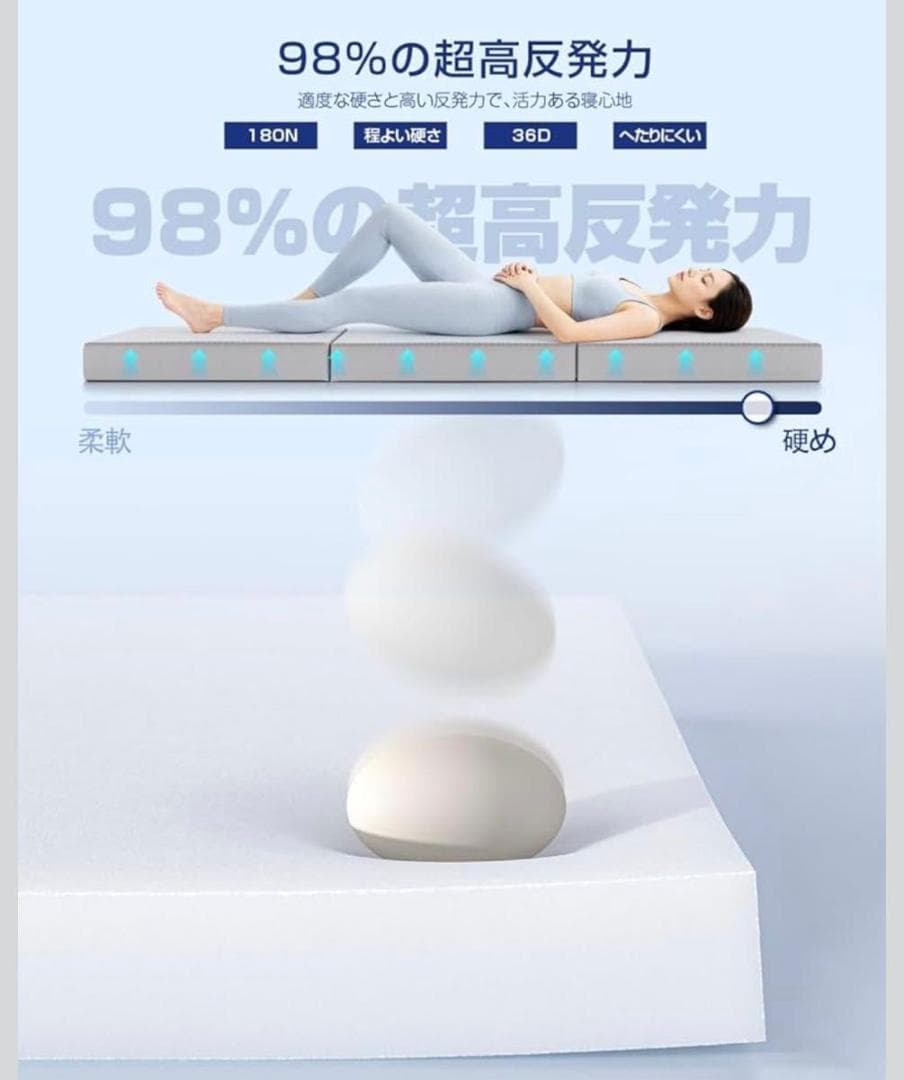 三つ折り高反発マットレス セミダブル 10cm 硬め ブルー