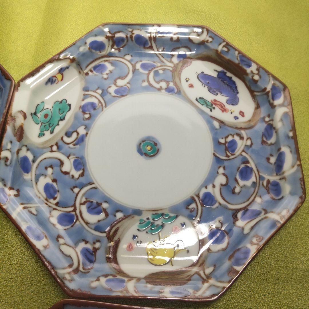 九谷焼 レア 絵変わり 4枚 皿 大皿 八角皿 染付 手描き 花鳥 唐草 色絵