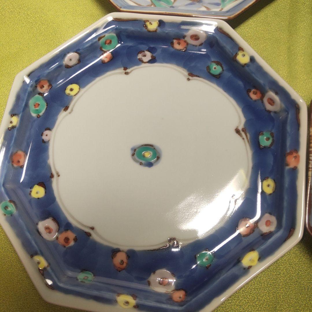 九谷焼 レア 絵変わり 4枚 皿 大皿 八角皿 染付 手描き 花鳥 唐草 色絵