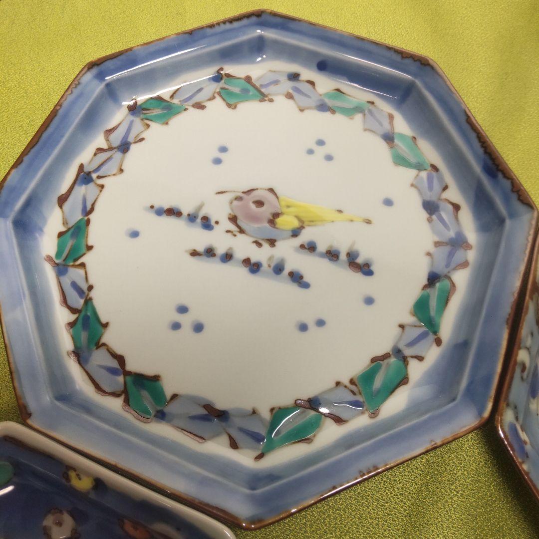 九谷焼 レア 絵変わり 4枚 皿 大皿 八角皿 染付 手描き 花鳥 唐草 色絵