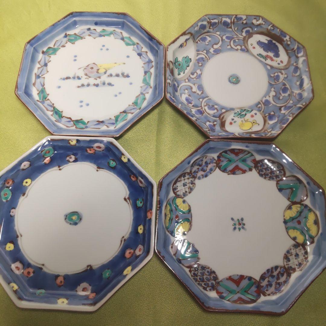 九谷焼 レア 絵変わり 4枚 皿 大皿 八角皿 染付 手描き 花鳥 唐草 色絵