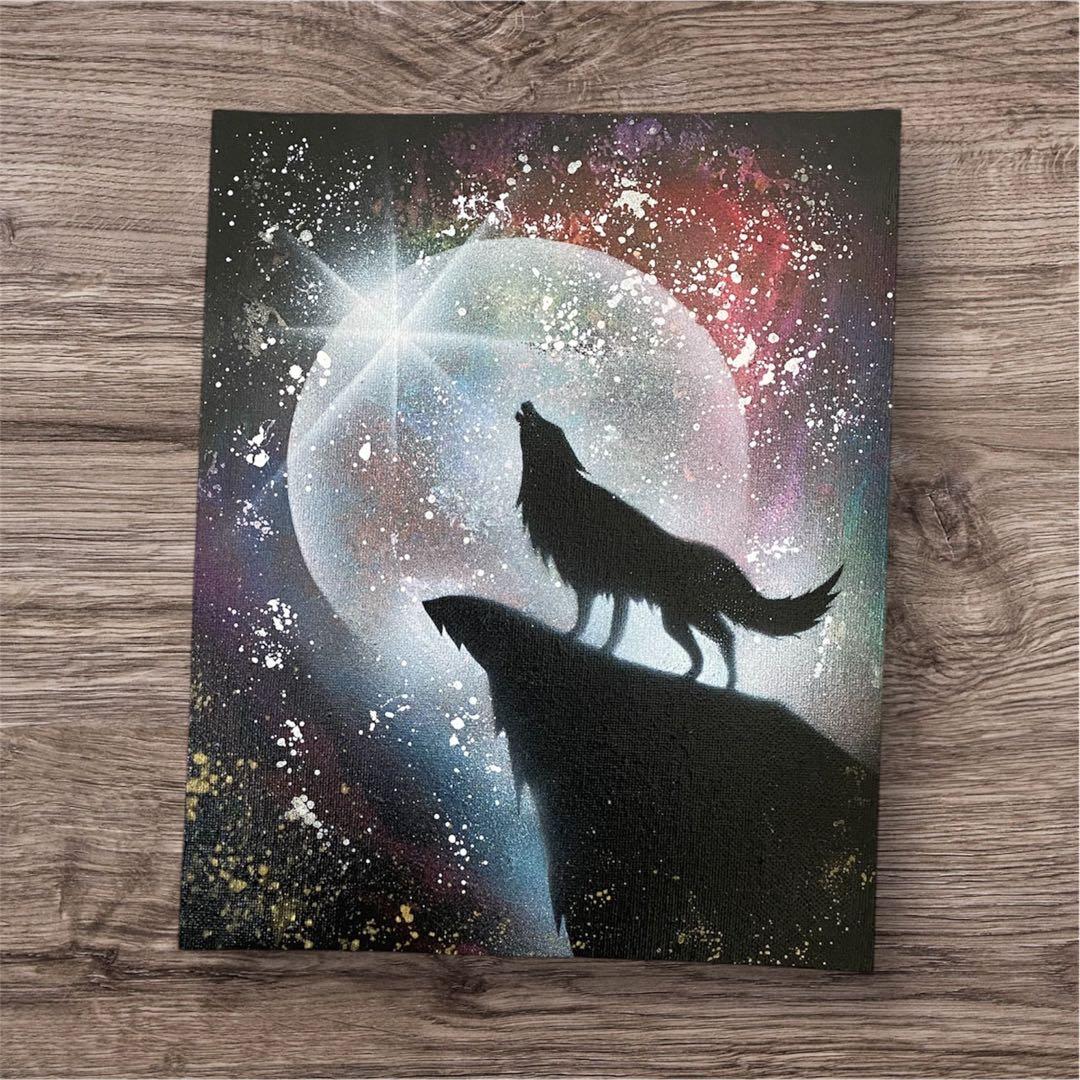 265】スプレーアート オオカミ 夜空 インテリア 満月 星空 ギフト