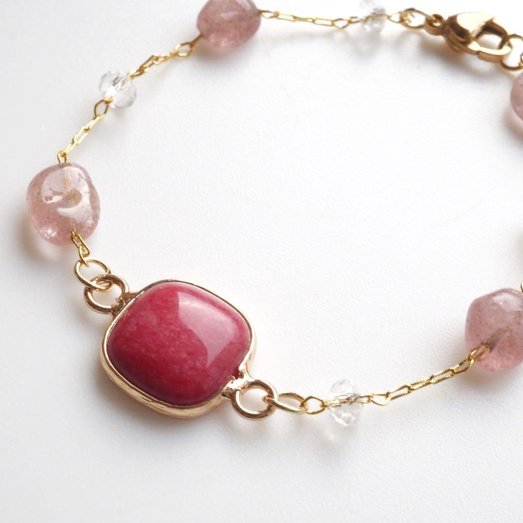 《1点限定/現品です》ストロベリークォーツ×ルビー翡翠デザインブレスレット