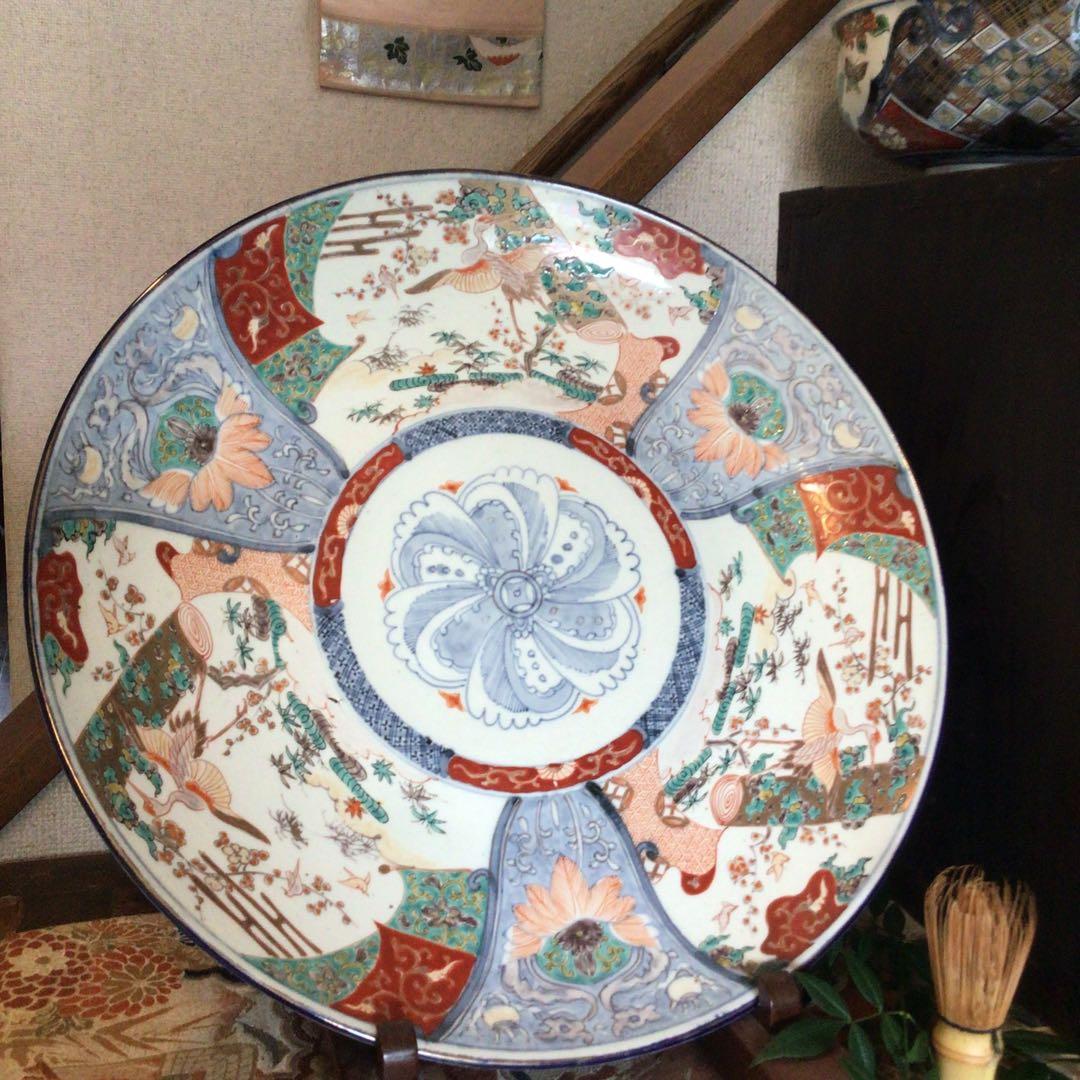 A866 古伊万里　染錦手　見込花　雲鶴紋様　（1尺5寸）大皿