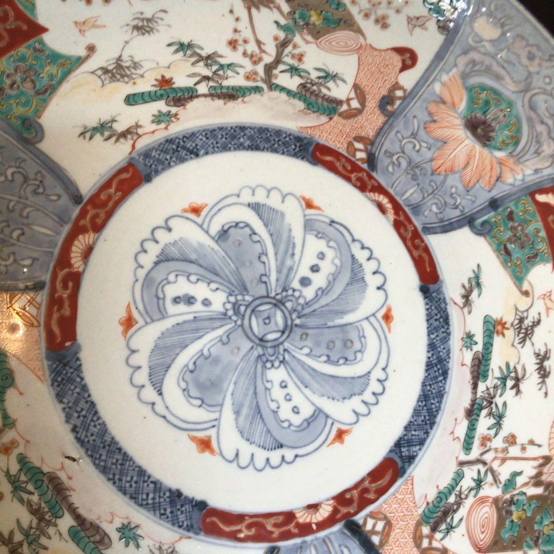 A866 古伊万里　染錦手　見込花　雲鶴紋様　（1尺5寸）大皿