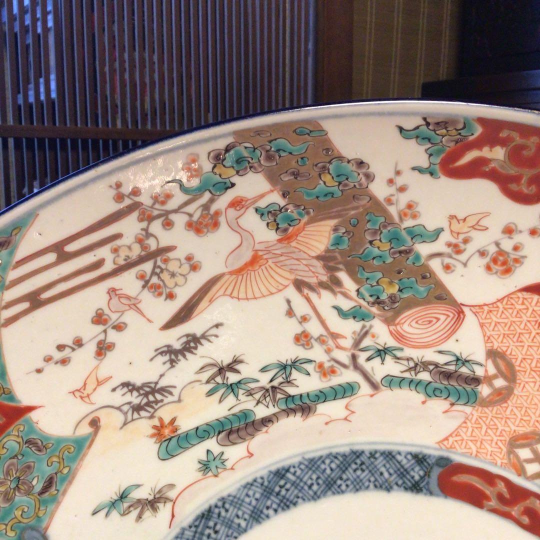 A866 古伊万里　染錦手　見込花　雲鶴紋様　（1尺5寸）大皿
