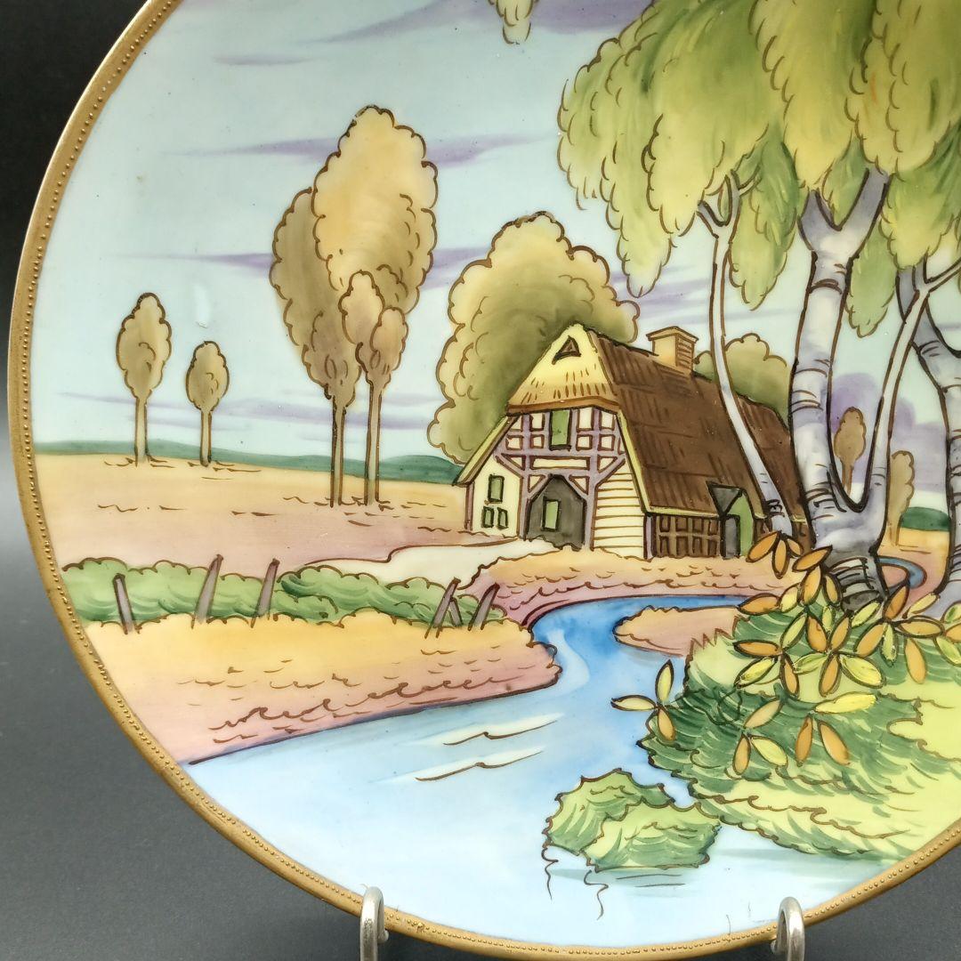 オールドノリタケ 川辺 茅葺き屋根 田舎風景 絵皿