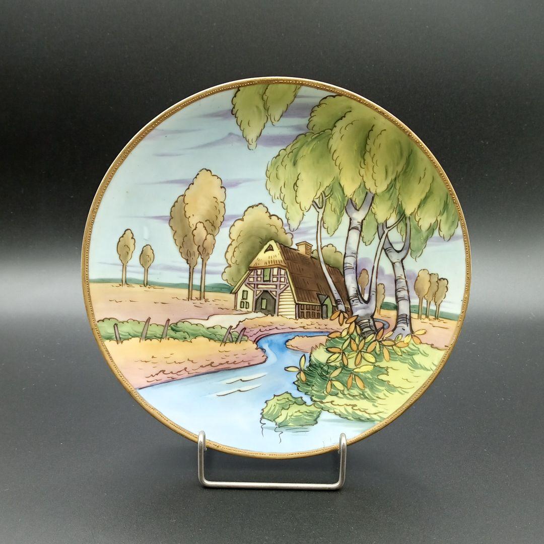 オールドノリタケ 川辺 茅葺き屋根 田舎風景 絵皿