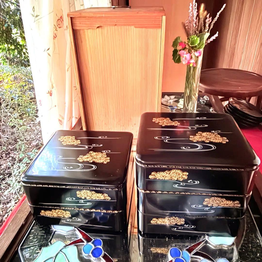 2208様感謝‼JAPAN輪島工房特製沈金『曲水菊づくし』輪島 五段重箱2枚蓋