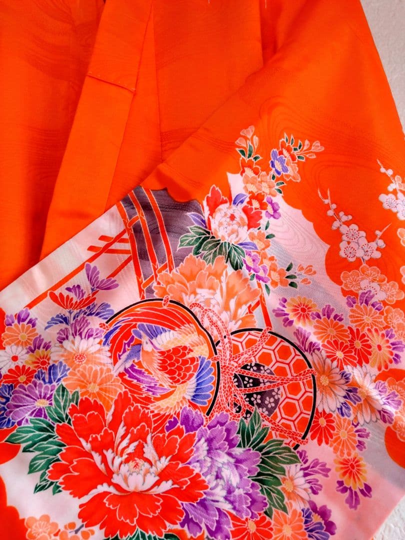 七五三オレンジの華やかな花柄着物 帯・帯締め・バック・草履・その他フルセット