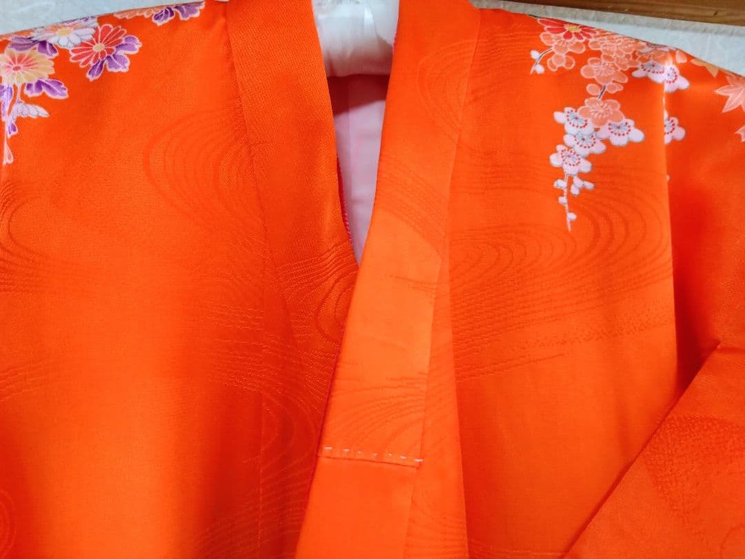 七五三オレンジの華やかな花柄着物 帯・帯締め・バック・草履・その他フルセット