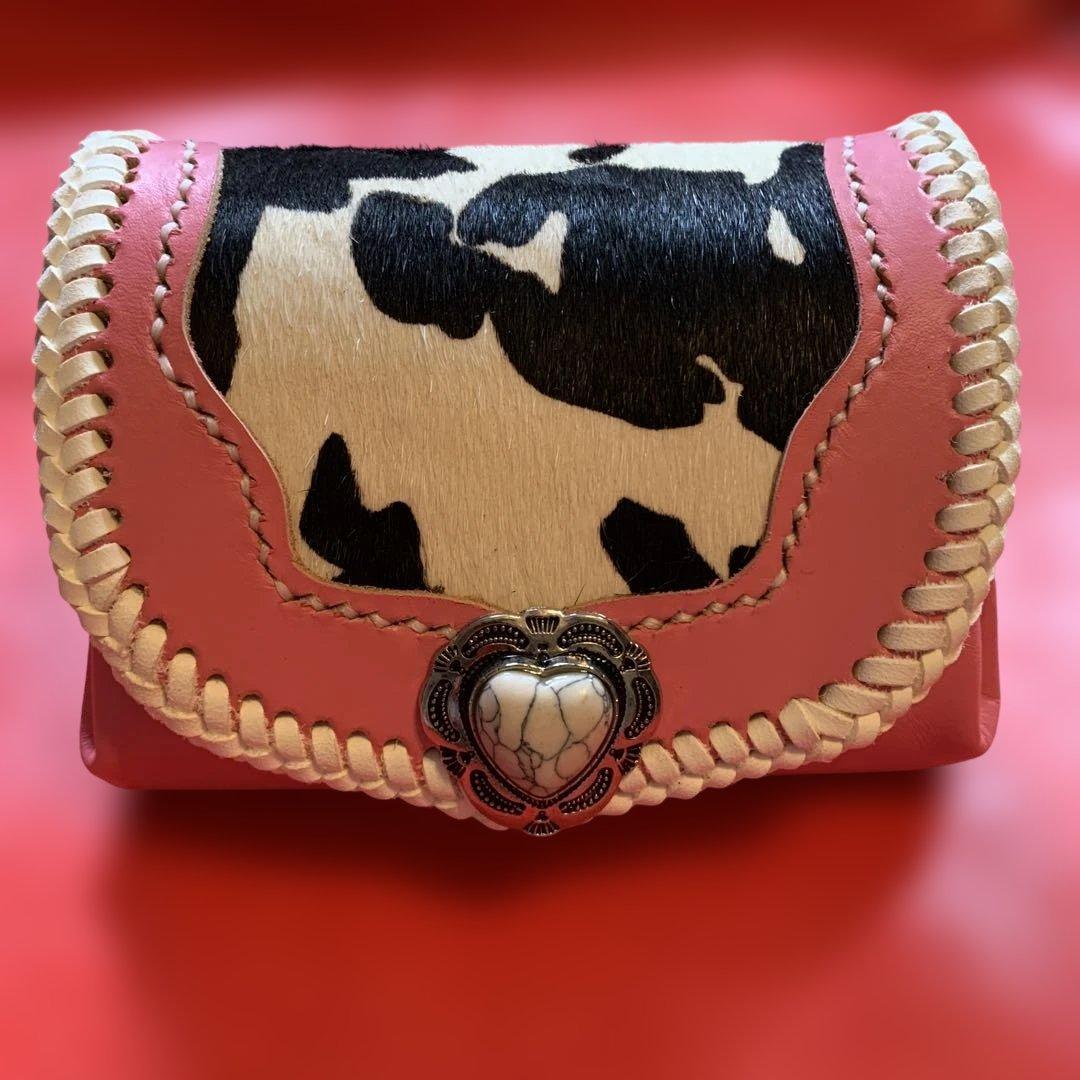 ハンドメイドレザークラフトカウ柄ハラコ牛革ピンクアコーディオン財布