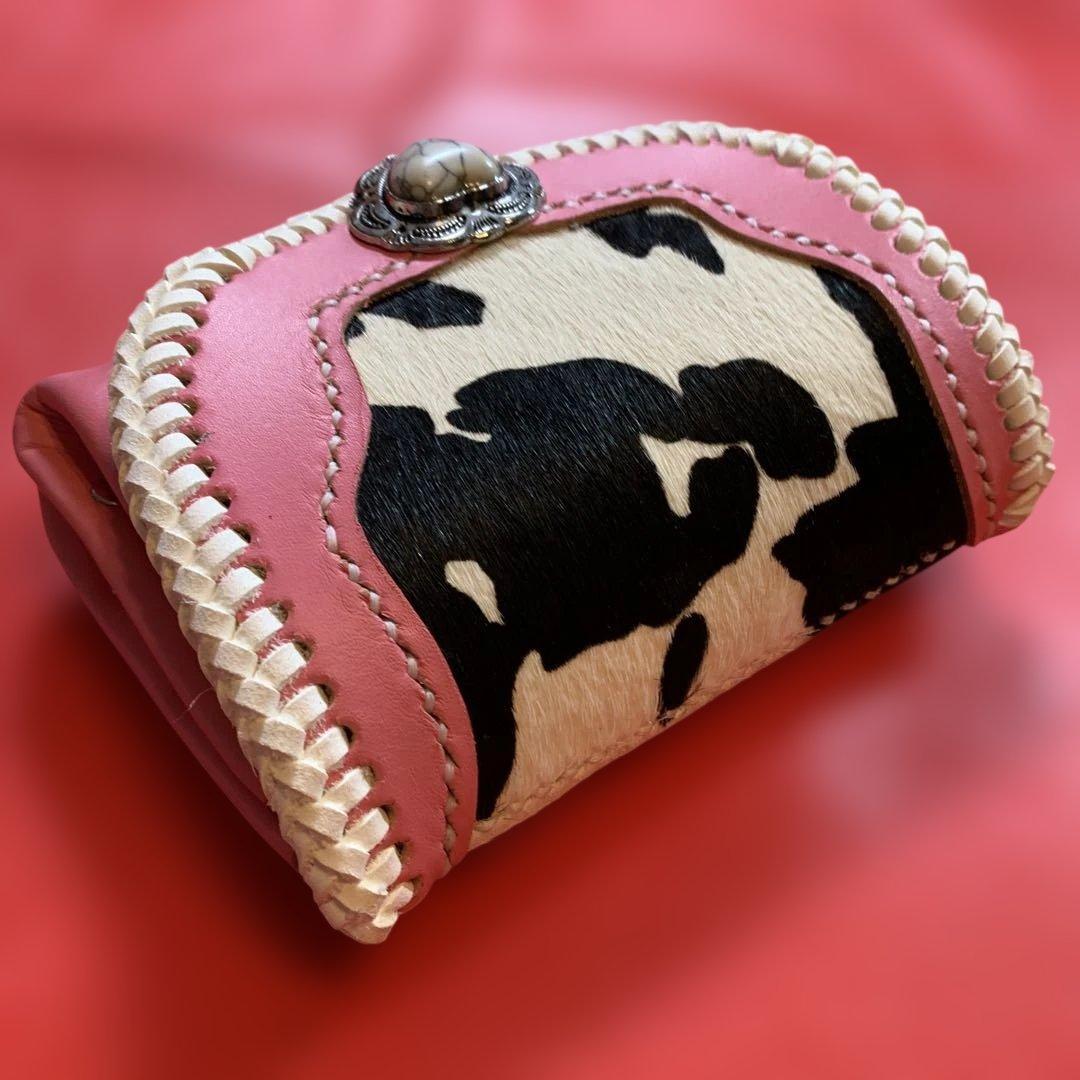 ハンドメイドレザークラフトカウ柄ハラコ牛革ピンクアコーディオン財布