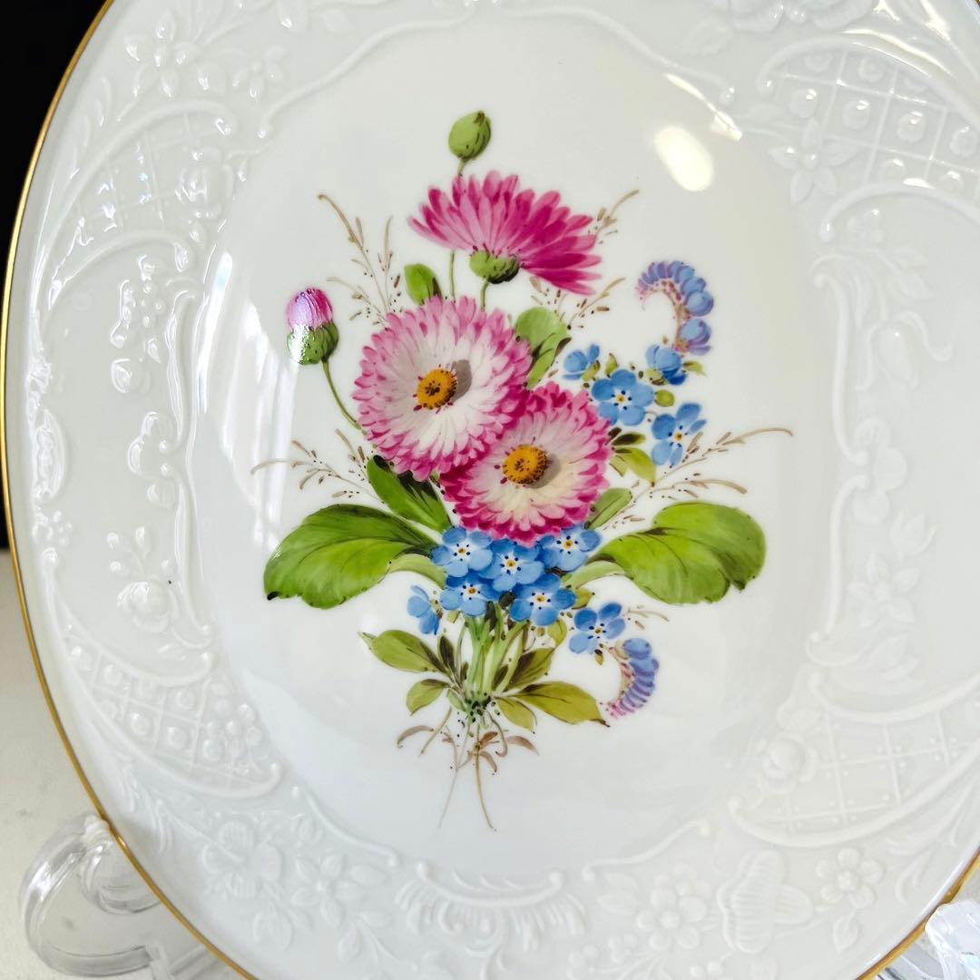 マイセン　プラーク　陶板画　雛菊　忘れな草