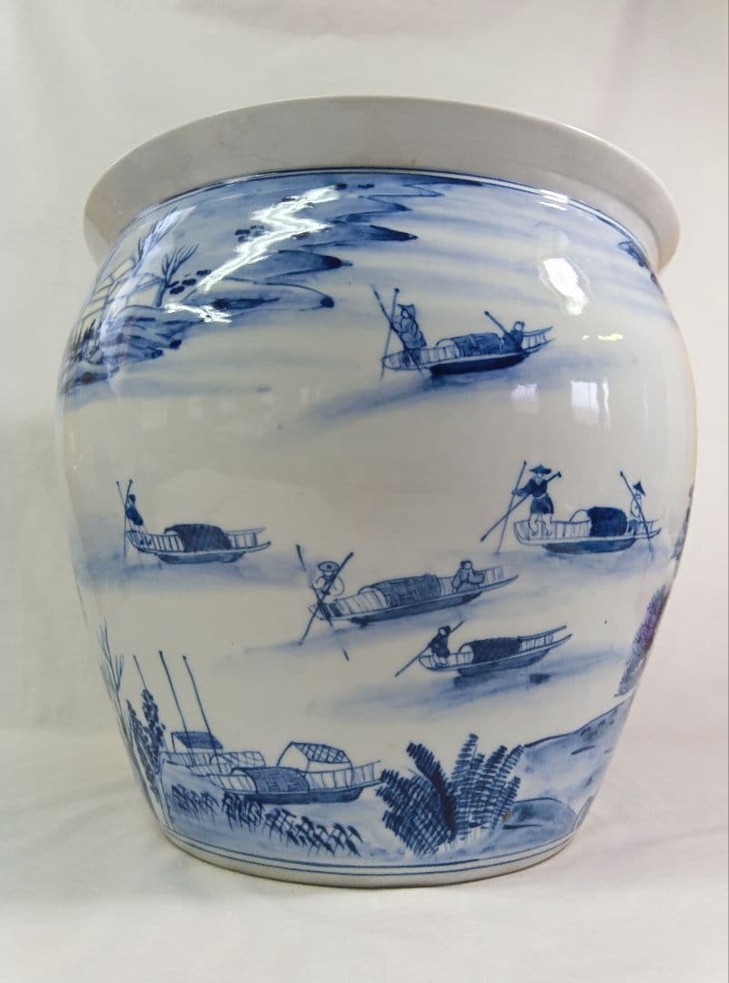 幸山窯 水鉢 メダカ鉢 山水画 火鉢 染付 金魚鉢 睡蓮鉢 骨董 レトロ