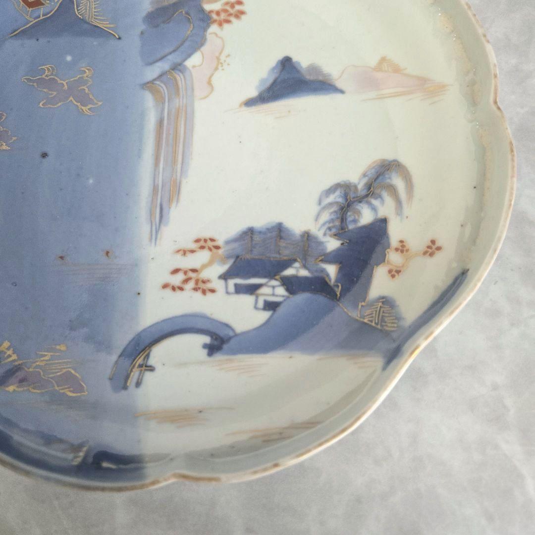 古伊万里　染め分け　変形皿　滝　薄瑠璃　江戸時代　骨董　金継ぎ　アンティーク