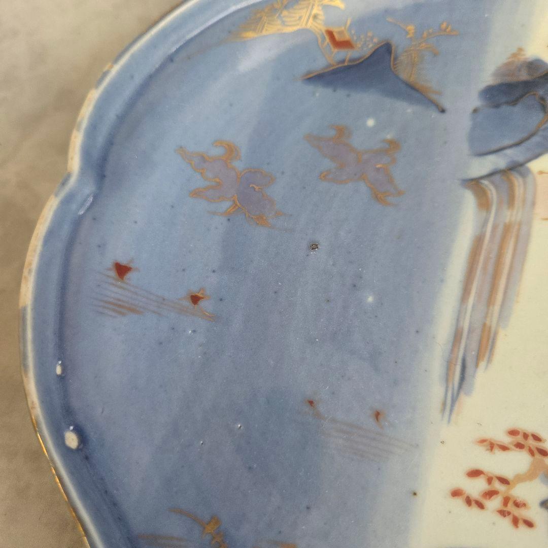 古伊万里　染め分け　変形皿　滝　薄瑠璃　江戸時代　骨董　金継ぎ　アンティーク