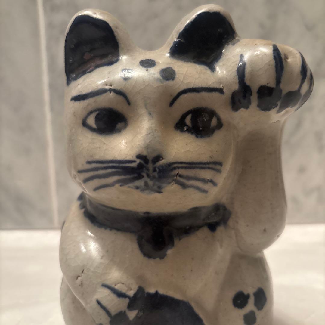 ヴィンテージ作家さんもの　手描きのお顔が可愛らしい陶磁器の招き猫