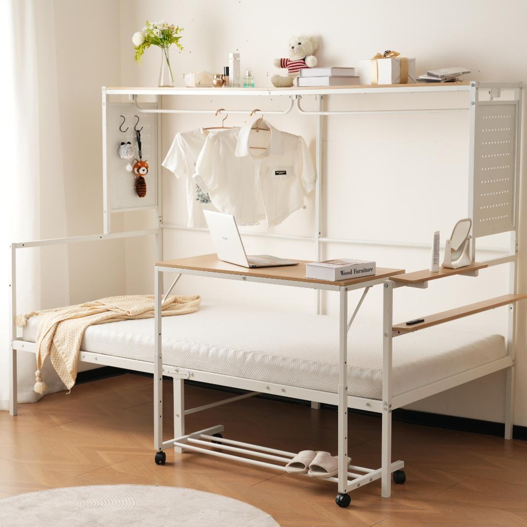 【新品】【ホワイト】ロフトベッド 北欧風木目 移動デスク付き 耐震 大人用