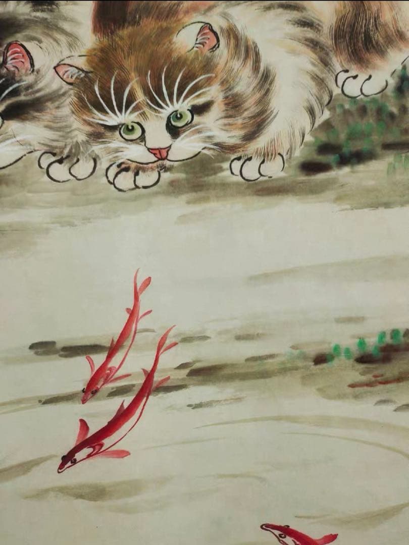 郎世寧 双猫図 中堂掛軸 宣紙 手工表装 可愛い猫と錦鯉 鑑賞用 170