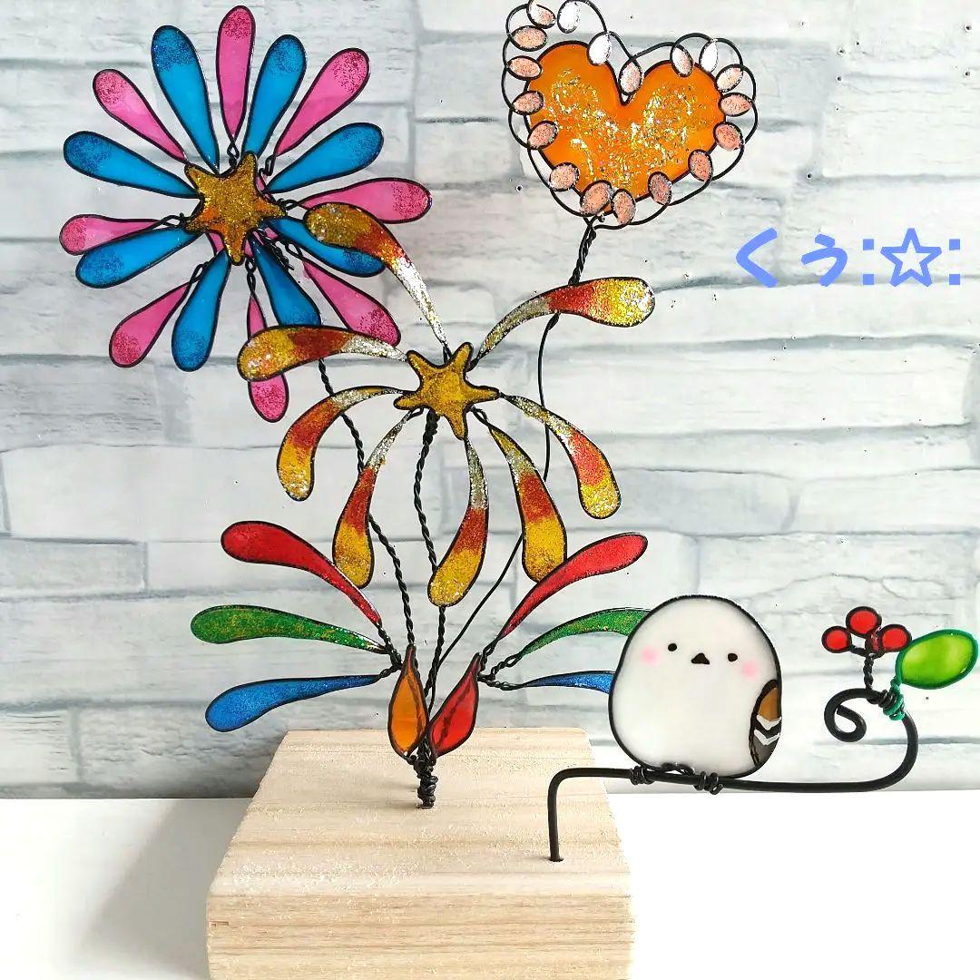 YUI　打ち上げ花火と見上げるシマエナガの置き型飾り　ワイヤークラフト