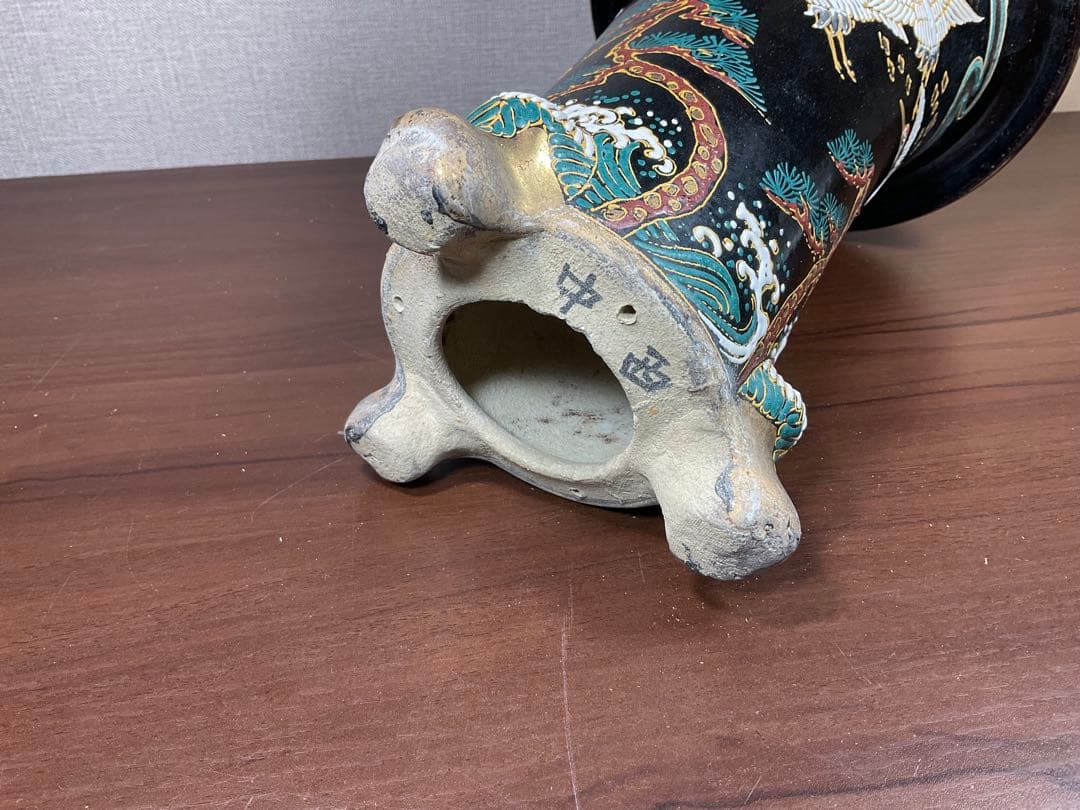 古い蘭鉢「陶香園 龍山在銘品」鶴絵付万年青鉢古美術品(植木鉢盆栽鉢蘭