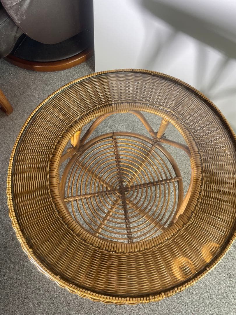 高級ラタン 丸テーブル ガラス天板 昭和レトロ ビンテージ　藤　アンティーク