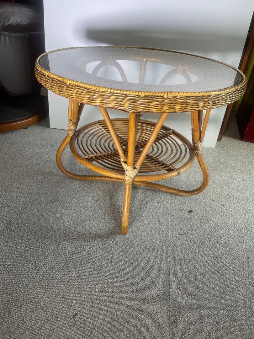 高級ラタン 丸テーブル ガラス天板 昭和レトロ ビンテージ　藤　アンティーク