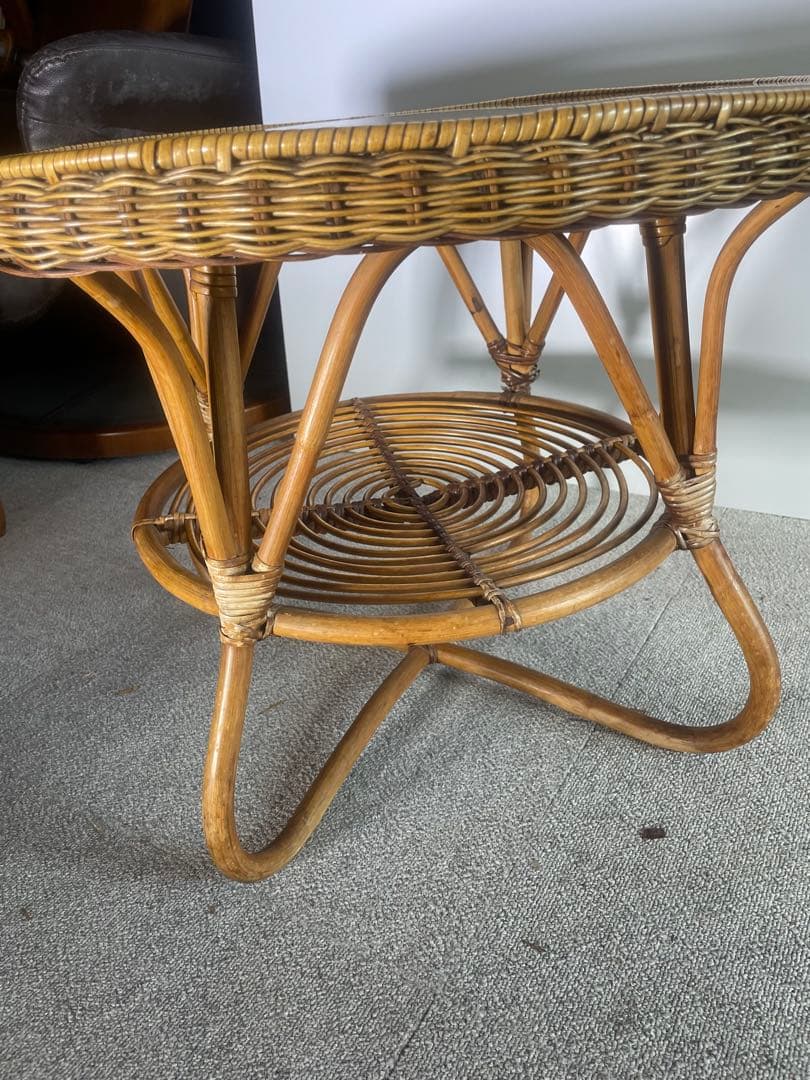 高級ラタン 丸テーブル ガラス天板 昭和レトロ ビンテージ　藤　アンティーク